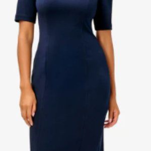 Adrianna Papell - SHORT SLEEVE CREPE DRESS WITH ROLLED NECK IN NAVY SATEEN